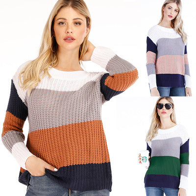 Damen Freizeit-Strickpullover mit modernem Blockstreifenmuster und Rundhalsausschnitt Stalluxe