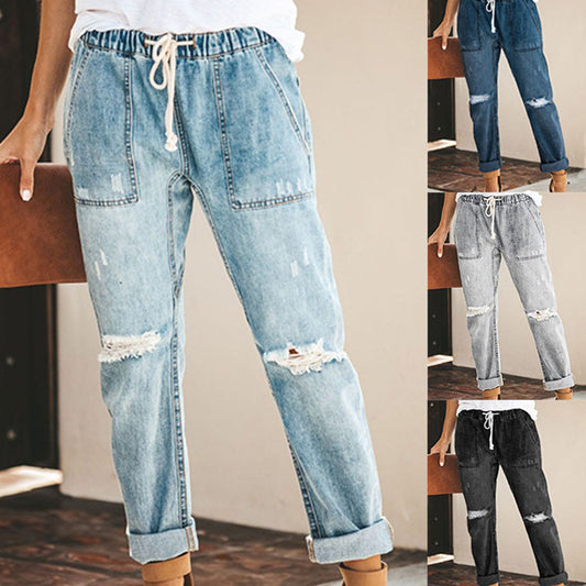 Damen entspannte Jeans mit verstellbarem Bund und modischen Rissen Stalluxe