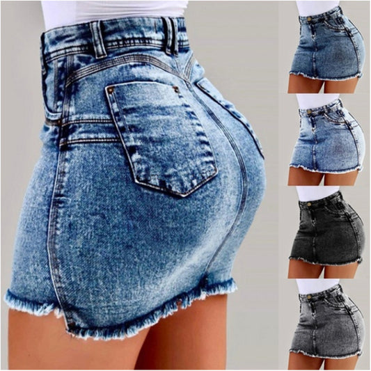Damen Denim-Minirock im figurbetonten Schnitt mit fransigem Saum Stalluxe