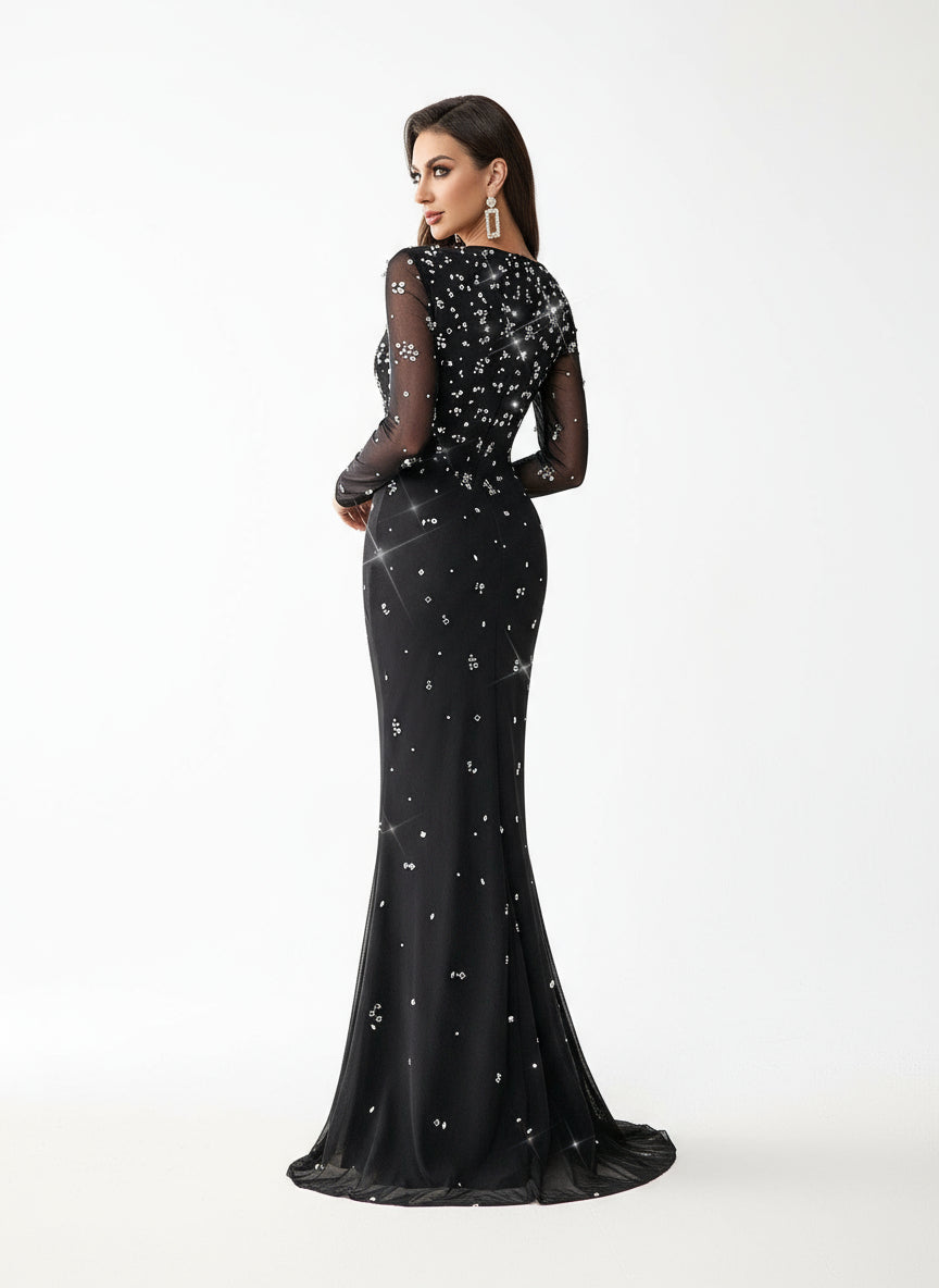 Stalluxe | Schickes Perlen Strass Quadratkragen Enges Abendkleid