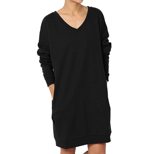 Damen Sweatkleid mit tiefem V-Ausschnitt und praktischen Taschen Stalluxe