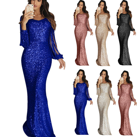 Damen elegantes Pailletten Abendkleid mit schmeichelndem Schnitt und langen Ärmeln Stalluxe