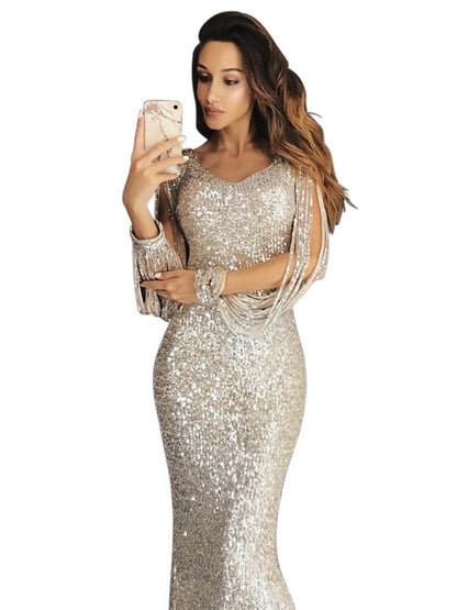 Damen elegantes Pailletten Abendkleid mit schmeichelndem Schnitt und langen Ärmeln Stalluxe