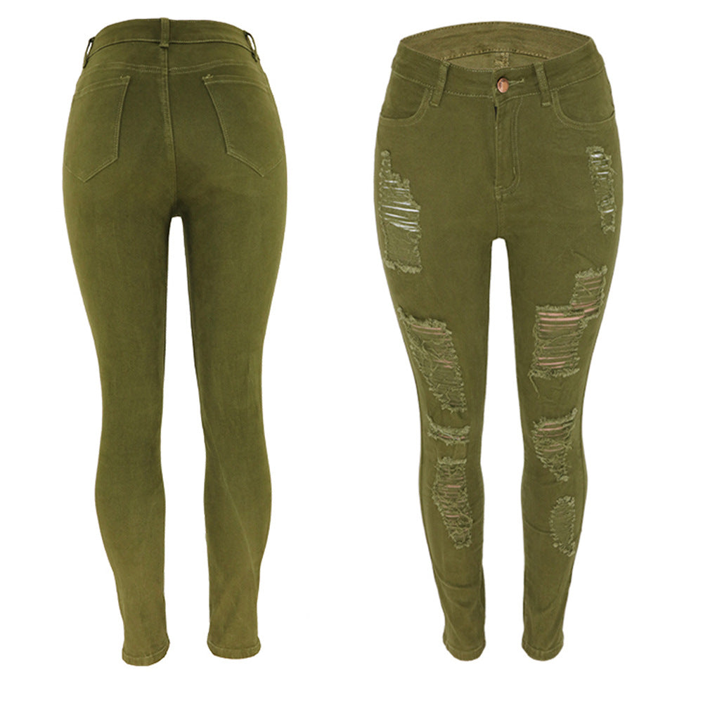Damen Skinny Jeans mit modischem Riss-Design Stalluxe Olivgrün