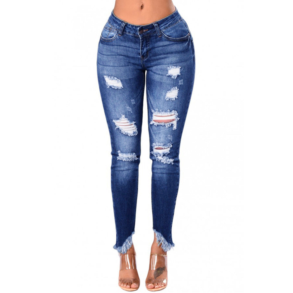Damen Skinny Jeans mit modischen Riss- und Fransendetails Stalluxe Blau