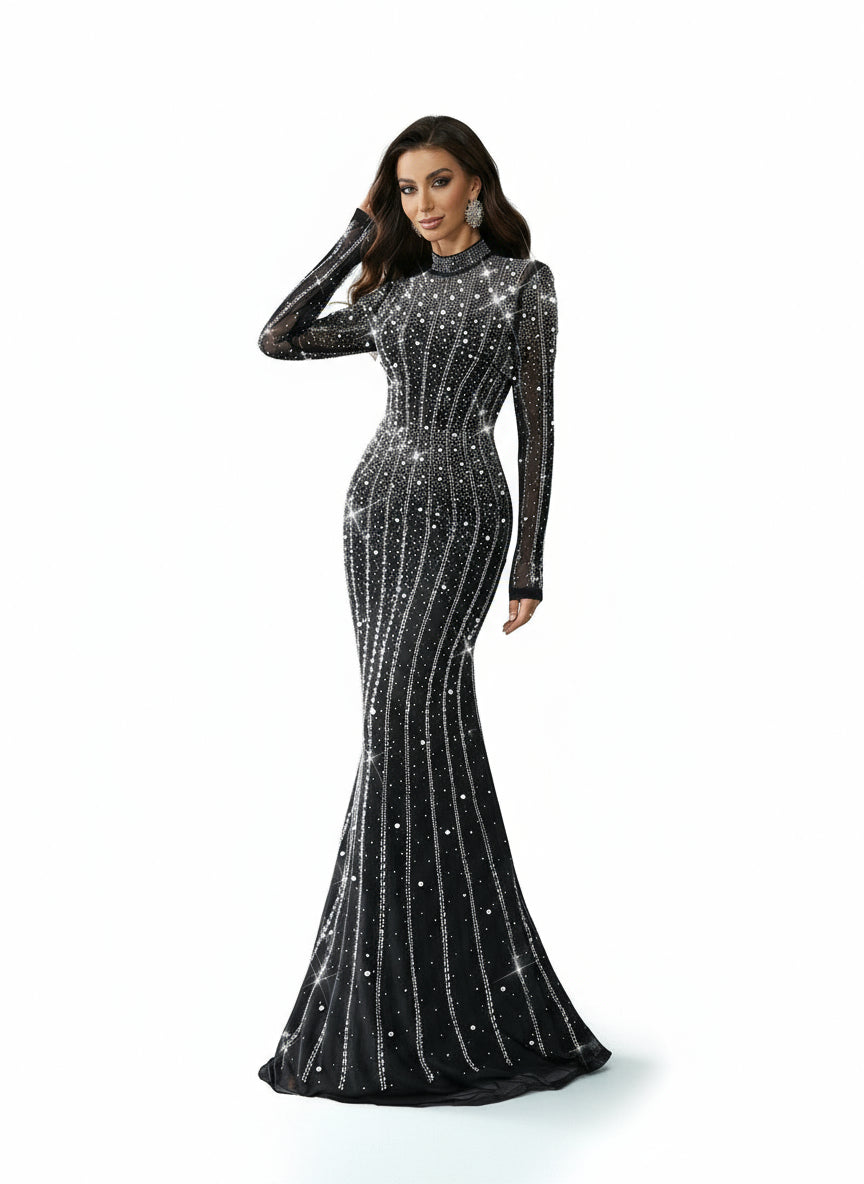 Stalluxe | Elegantes Glitzer Strass Langarm Festkleid