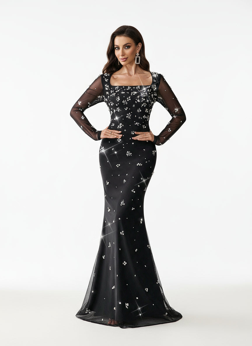 Stalluxe | Schickes Perlen Strass Quadratkragen Enges Abendkleid