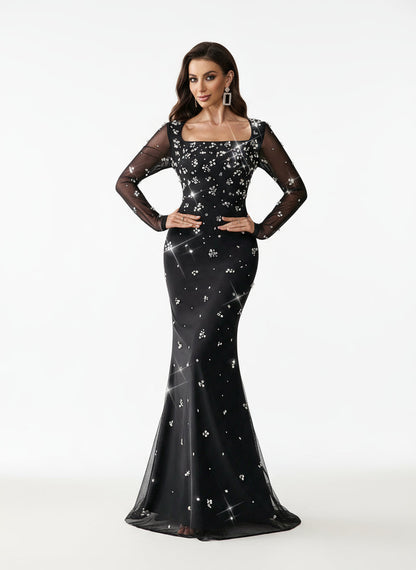 Stalluxe | Schickes Perlen Strass Quadratkragen Enges Abendkleid