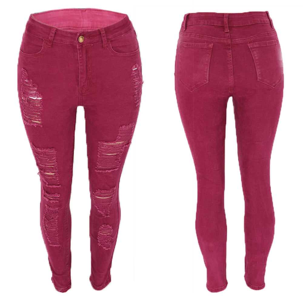 Damen Skinny Jeans mit modischem Riss-Design Stalluxe Rotwein