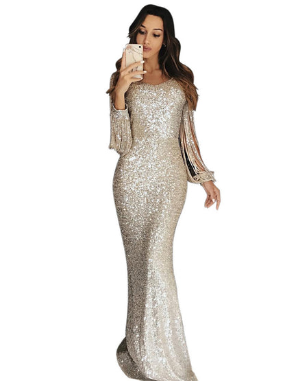 Damen elegantes Pailletten Abendkleid mit schmeichelndem Schnitt und langen Ärmeln Stalluxe