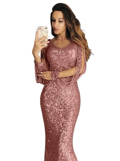 Damen elegantes Pailletten Abendkleid mit schmeichelndem Schnitt und langen Ärmeln Stalluxe