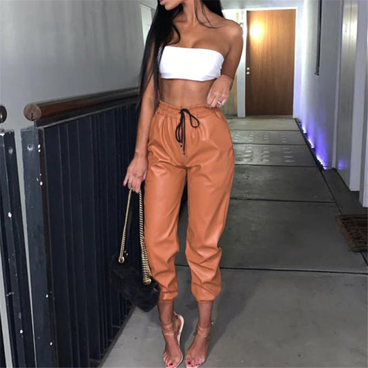 Damen Kunstleder Jogginghose mit elastischem Bund und seitlichen Taschen Stalluxe