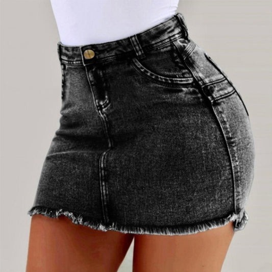 Damen figurbetonter Denim-Minirock mit asymmetrischem Saum und fransigen Kanten Stalluxe