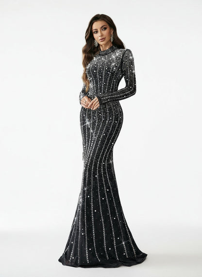Stalluxe | Elegantes Glitzer Strass Langarm Festkleid