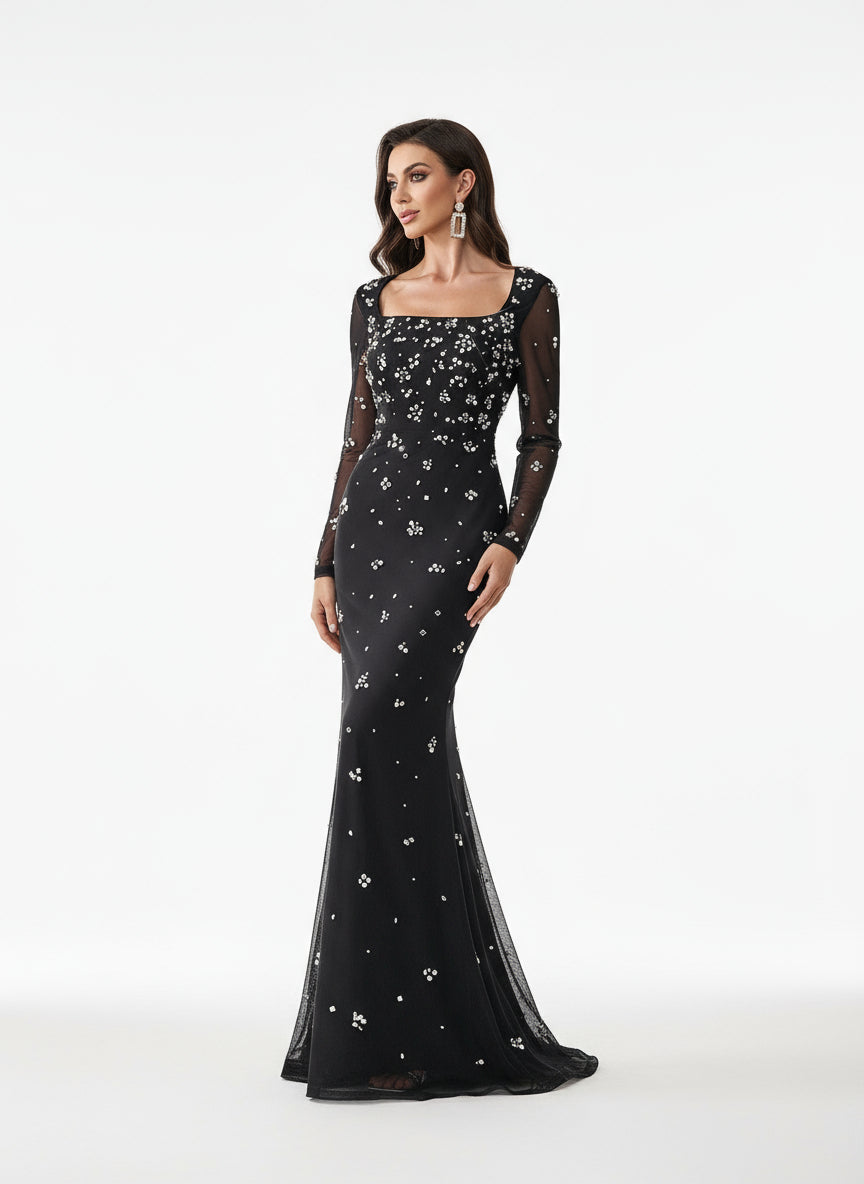 Stalluxe | Schickes Perlen Strass Quadratkragen Enges Abendkleid