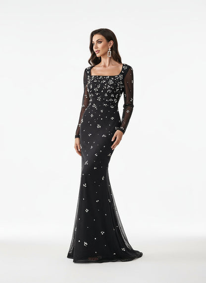 Stalluxe | Schickes Perlen Strass Quadratkragen Enges Abendkleid