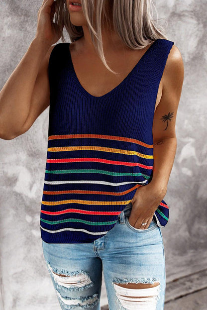 Damen Freizeit Top mit buntem Streifenmuster und tiefem V-Ausschnitt Stalluxe