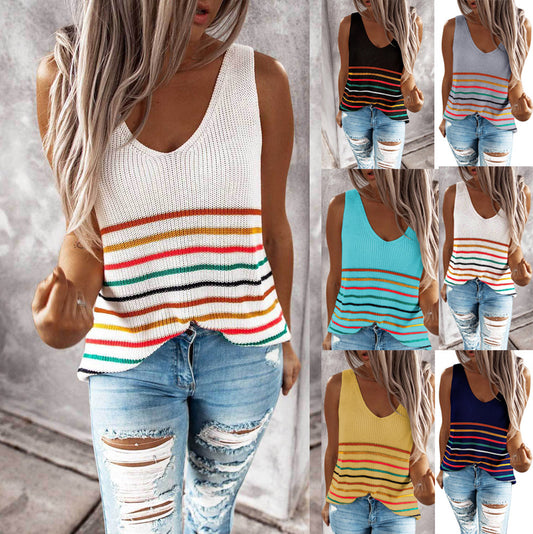 Damen Freizeit Top mit buntem Streifenmuster und tiefem V-Ausschnitt Stalluxe