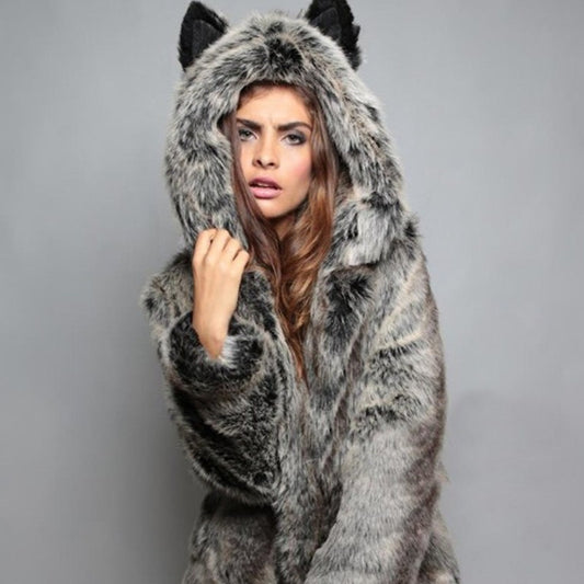 Damen Kuschelige Felljacke mit tierischen Ohren Stalluxe