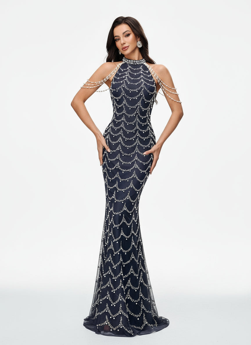 Stalluxe | Raffiniertes Marineblaues Abendkleid mit Strass und Meerjungfrauen-Saum