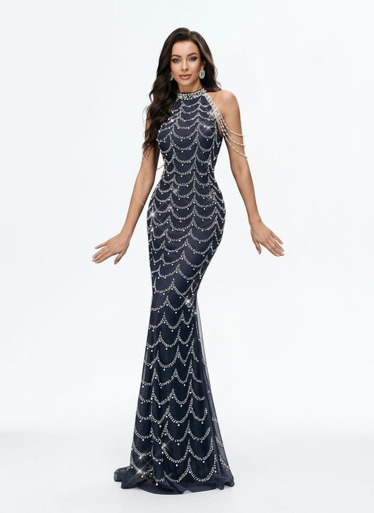 Stalluxe | Raffiniertes Marineblaues Abendkleid mit Strass und Meerjungfrauen-Saum