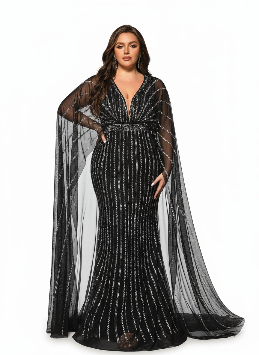 Stalluxe | Glamouröses Schwarzes Abendkleid mit Tiefem V-Ausschnitt und Fledermausärmeln