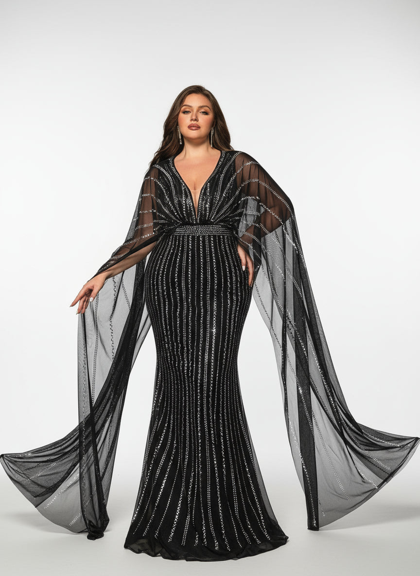 Stalluxe | Glamouröses Schwarzes Abendkleid mit Tiefem V-Ausschnitt und Fledermausärmeln