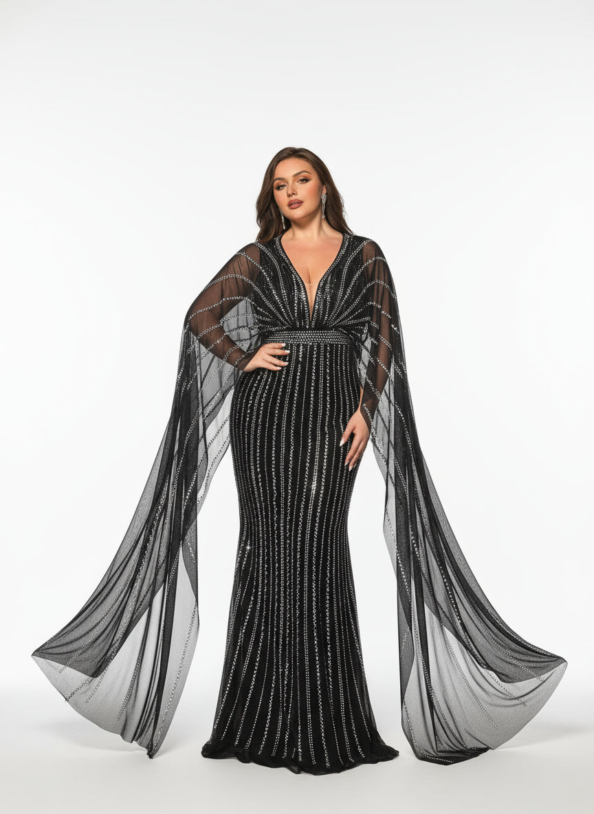 Stalluxe | Glamouröses Schwarzes Abendkleid mit Tiefem V-Ausschnitt und Fledermausärmeln