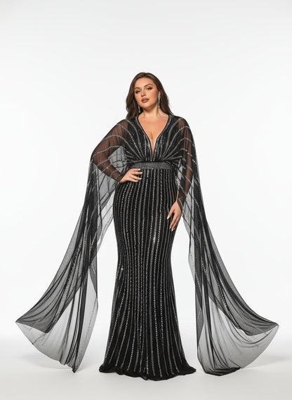 Stalluxe | Glamouröses Schwarzes Abendkleid mit Tiefem V-Ausschnitt und Fledermausärmeln