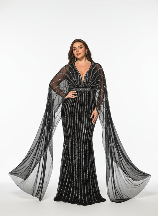 Stalluxe | Glamouröses Schwarzes Abendkleid mit Tiefem V-Ausschnitt und Fledermausärmeln