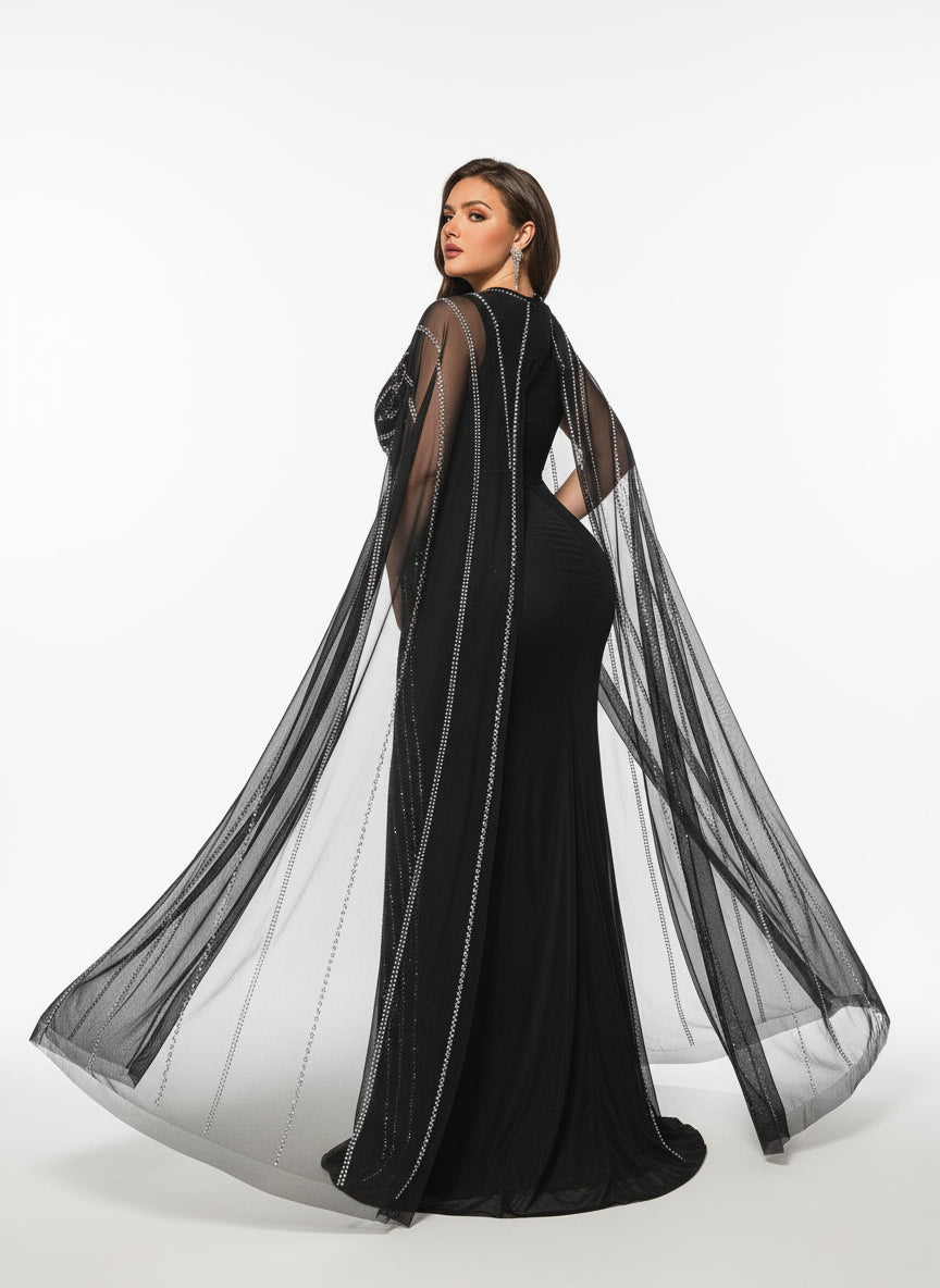 Stalluxe | Glamouröses Schwarzes Abendkleid mit Tiefem V-Ausschnitt und Fledermausärmeln