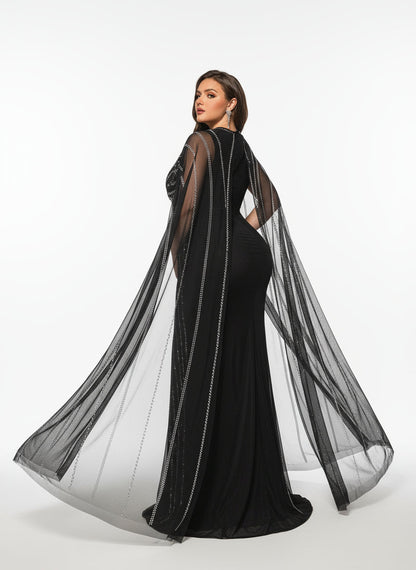 Stalluxe | Glamouröses Schwarzes Abendkleid mit Tiefem V-Ausschnitt und Fledermausärmeln