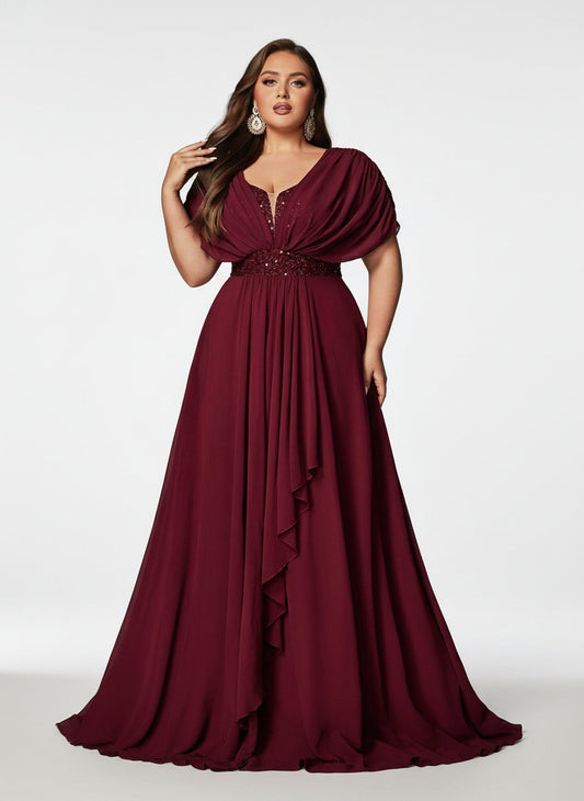 Stalluxe | Anmutiges Chiffon-Abendkleid mit Pailletten und Kurzarm Weinrot