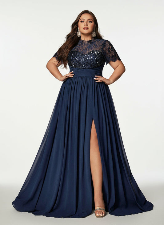 Stalluxe | Anmutiges Abendkleid aus Spitze und Chiffon mit Pailletten und Kurzarm 5XL