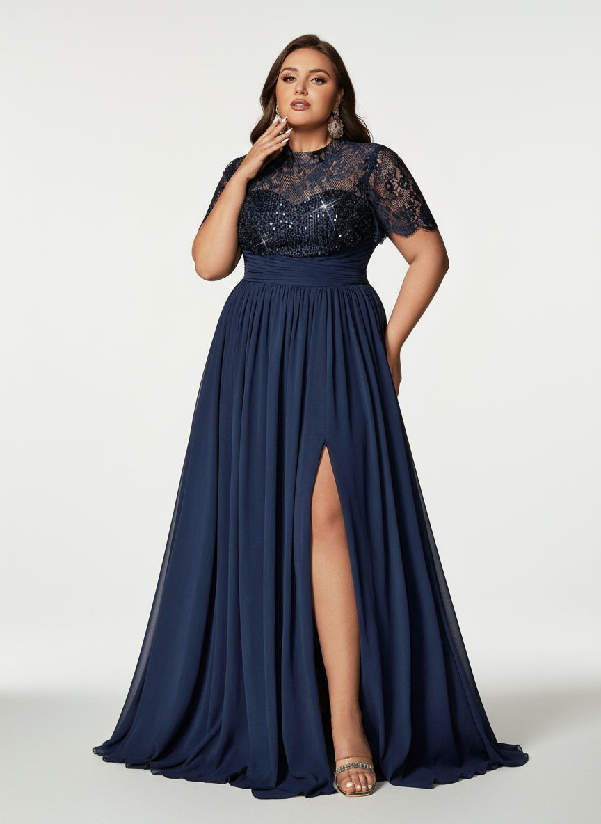 Stalluxe | Anmutiges Abendkleid aus Spitze und Chiffon mit Pailletten und Kurzarm