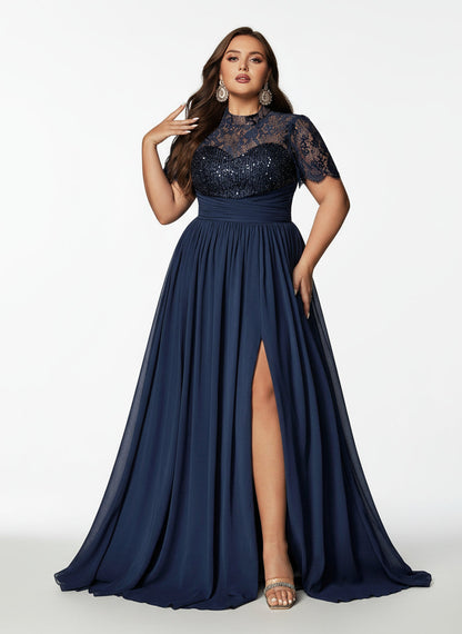 Stalluxe | Anmutiges Abendkleid aus Spitze und Chiffon mit Pailletten und Kurzarm