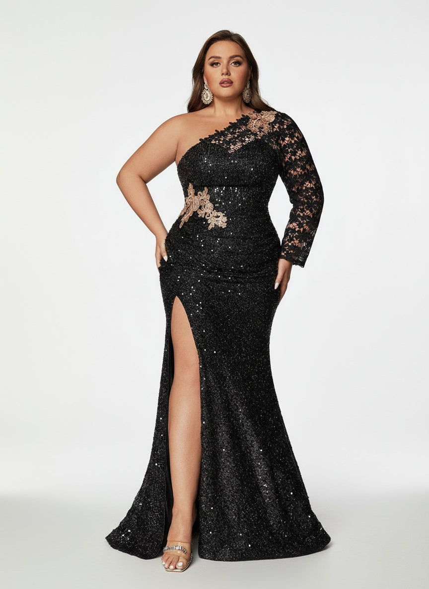 Stalluxe | Elegantes Schwarzes One-Shoulder-Pailletten-Abendkleid mit Schlitz