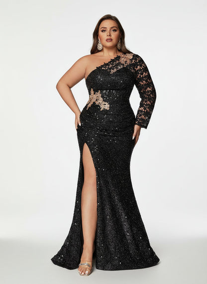 Stalluxe | Elegantes Schwarzes One-Shoulder-Pailletten-Abendkleid mit Schlitz