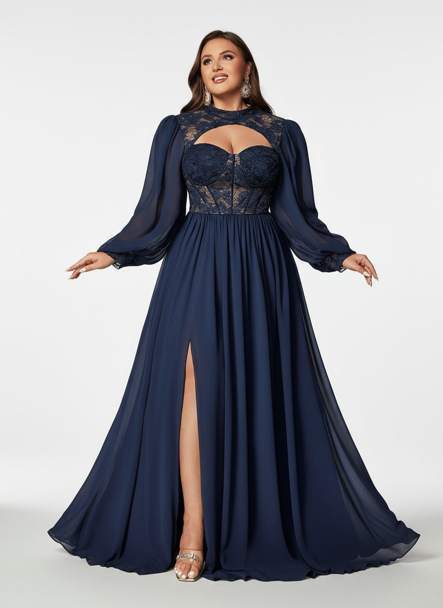 Stalluxe | Anmutiges Chiffon-Abendkleid mit Spitzenoberteil und Langarm MarinebLau