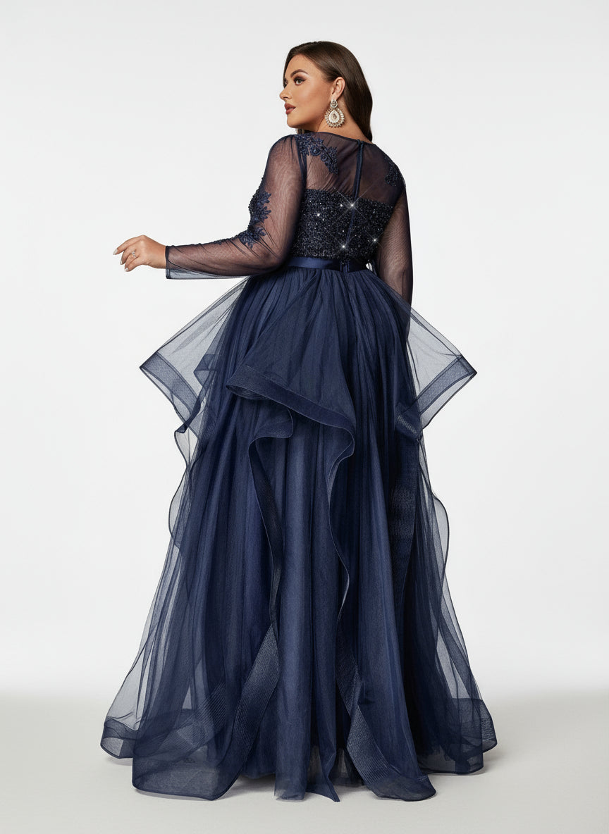 Stalluxe | Elegantes Marineblaues Pailletten-Applikations-Mesh-Abendkleid