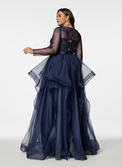 Stalluxe | Elegantes Marineblaues Pailletten-Applikations-Mesh-Abendkleid