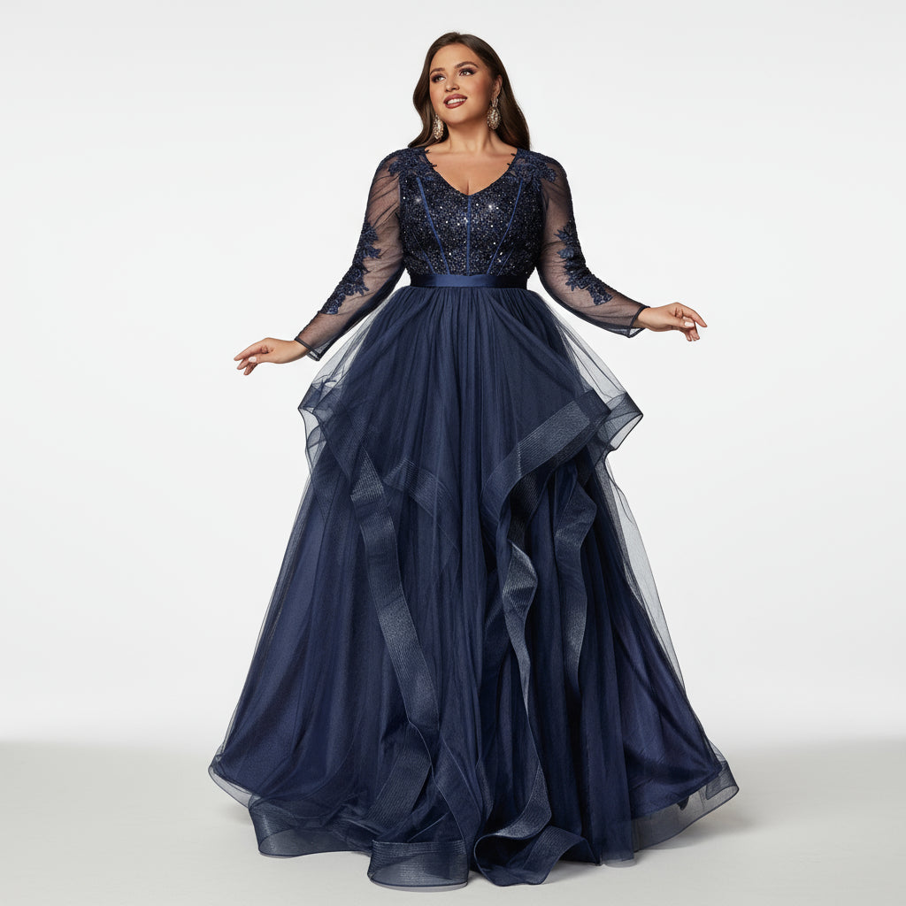 Stalluxe | Elegantes Marineblaues Pailletten-Applikations-Mesh-Abendkleid