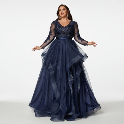 Stalluxe | Elegantes Marineblaues Pailletten-Applikations-Mesh-Abendkleid