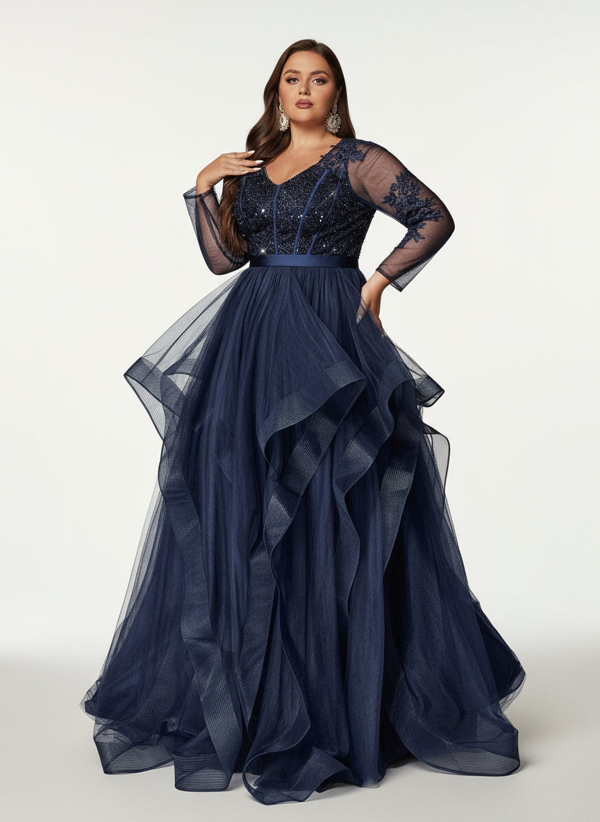 Stalluxe | Elegantes Marineblaues Pailletten-Applikations-Mesh-Abendkleid