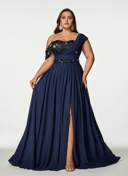 Stalluxe | Anmutiges Schulterfreies Chiffonkleid mit Pailletten und Schlitz MarinebLau