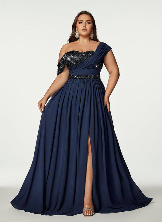 Stalluxe | Anmutiges Schulterfreies Chiffonkleid mit Pailletten und Schlitz MarinebLau