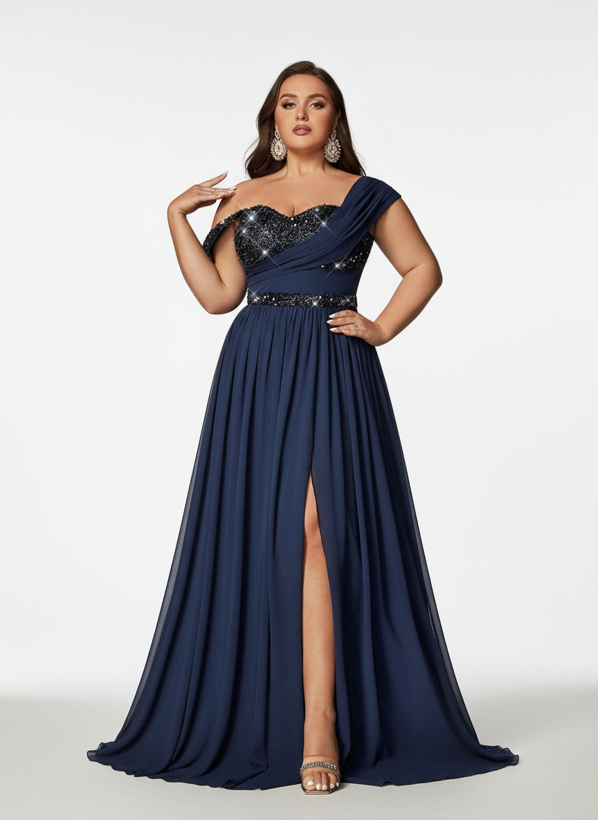 Stalluxe | Anmutiges Schulterfreies Chiffonkleid mit Pailletten und Schlitz