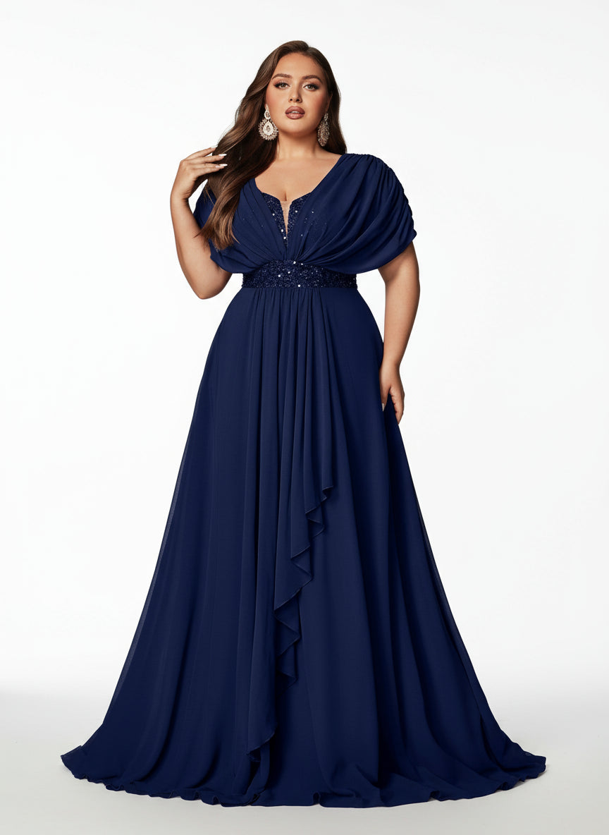 Stalluxe | Anmutiges Chiffon-Abendkleid mit Pailletten und Kurzarm MarinebLau