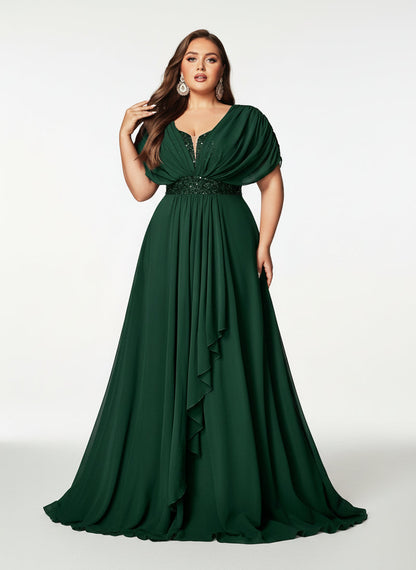 Stalluxe | Anmutiges Chiffon-Abendkleid mit Pailletten und Kurzarm DunkeLgrün