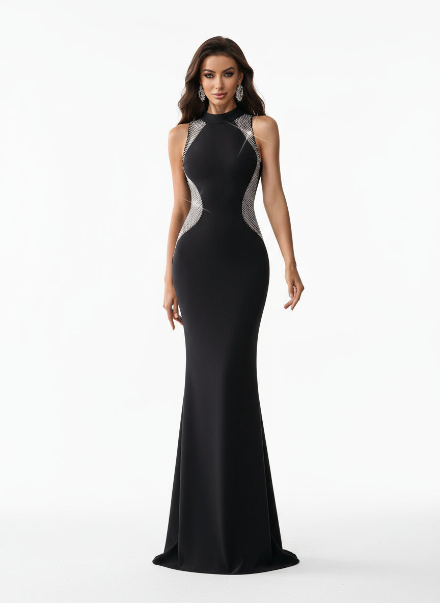 Stalluxe | Schickes Schwarzes Mesh-Abendkleid mit Kontrast und Schlitz